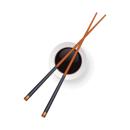 Japanese chopsticks sushi and soy sauce in a bowl. Top view. Vector illustrationのイラスト素材