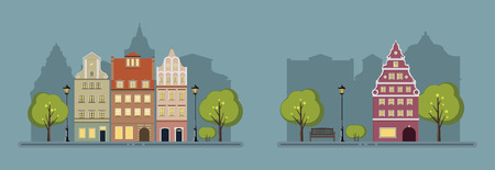Night landscape of the old town. Town facades. Vector illustration.のイラスト素材