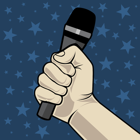 Hand with microphone. On a blue background with stars. Vector illustration.のイラスト素材