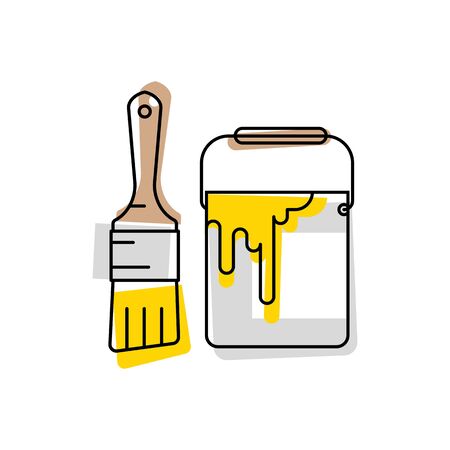 Paint container and brush. Paint can and paintbrush icon. Isolated on white background. Vector illustration.のイラスト素材