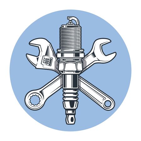 Wrenches and spark plug. Adjustable wrench. Tools and repair. Vector illustration. のイラスト素材