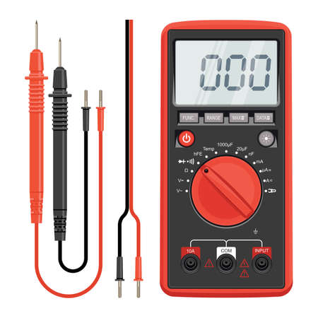 Multimeter electrical or electronics in red silicone shell, with probes. Electrician power tools. Multimeter and socket. Vector illustration. Isolated on white background.のイラスト素材