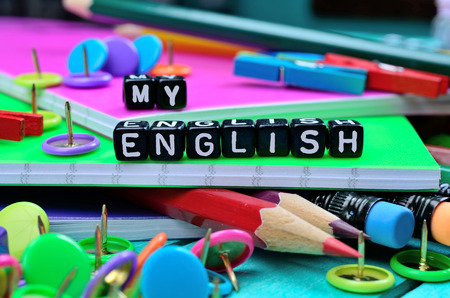 black cube word my english on notebookの写真素材