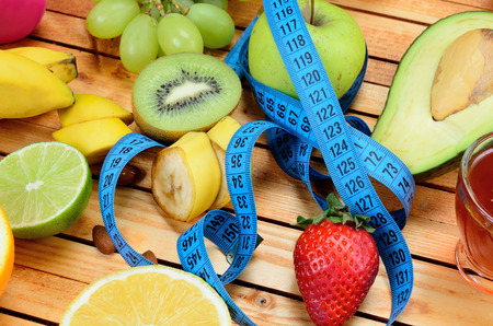 fruit on wooden tableの写真素材