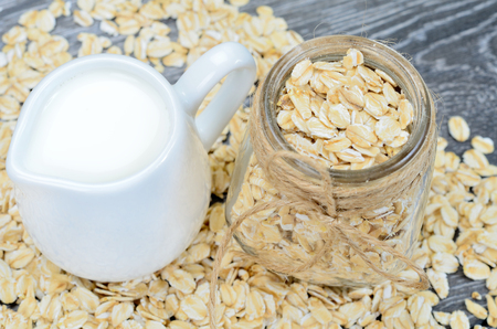 oat cereal on gray wooden tableの写真素材
