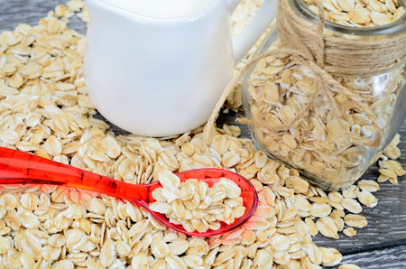 oat cereal on gray wooden tableの写真素材
