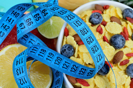 cornflake on blue wooden tableの写真素材