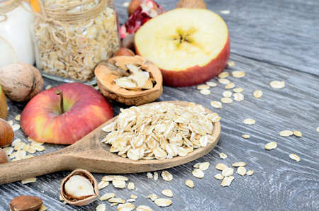 oat cereal on gray wooden tableの写真素材