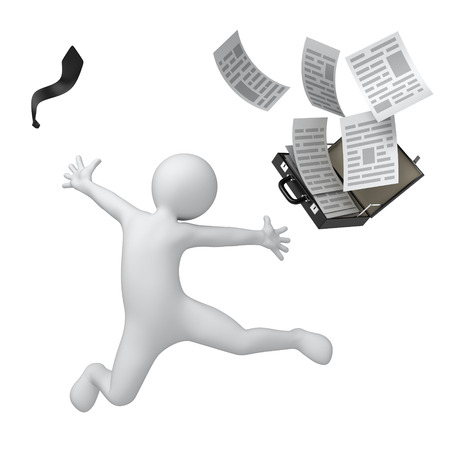 happy businessman, 3d human throws suitcase and tie  isolated on white with work pathの写真素材