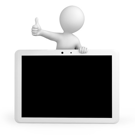 little 3d human and a tablet pc, 3d image with a work pathの写真素材