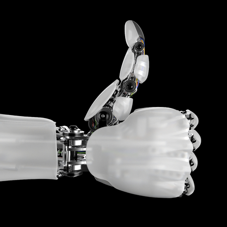 Robotic Hand Giving Thumbs Up on a Black Background. 3d render with a workpathの写真素材