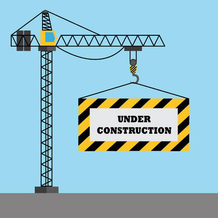 Construction crane holding an under construction sign conceptのイラスト素材