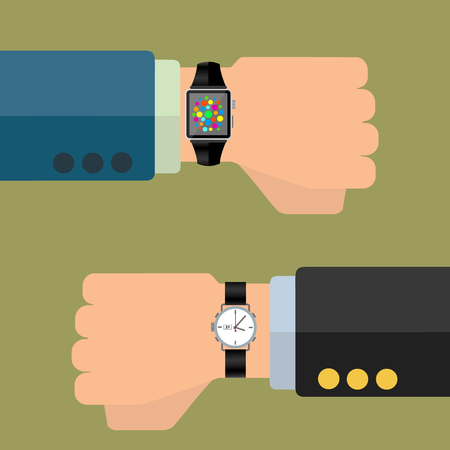 Smart watch and analog watch on businessman hand, technology advancment vector conceptのイラスト素材