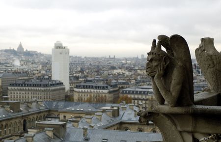 Paris`s view from the top of notre dame de paris. Gargoyle and sacre coeurの写真素材