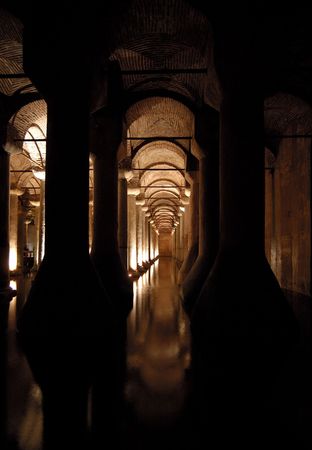 Yerebatan sarnici (saray) Basilica cistern. Underground water storage in Istanbul Turkey.