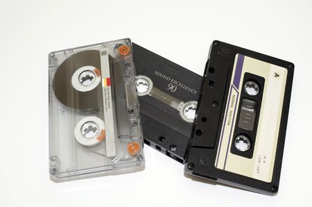 old audio tapes on white backgroundの写真素材
