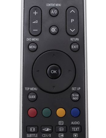 Black tv remote control close up top view の写真素材