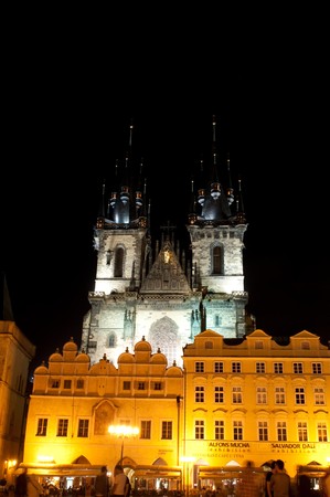 Church of Our Lady of Tyn in Prague at nightの写真素材