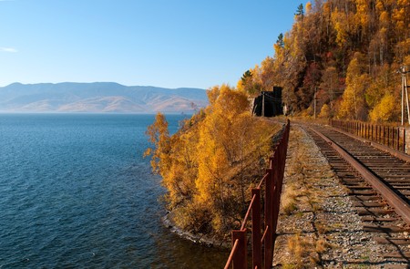 The Circum-Baikal Railway - historical railway runs along Lake baikal in Irkutsk region of Russiaの写真素材