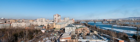 View on Krasnoyarsk and bridge over the Enisei river. Siberia, Russiaの写真素材