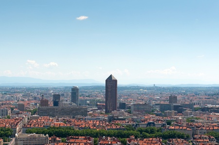The panoramic aerial view at Lyon from Basilique de Fourviere hill. Lyon. Franceの写真素材