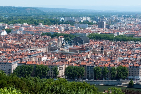 The panoramic aerial view at Lyon from Basilique de Fourviere hill. Lyon. Franceの写真素材