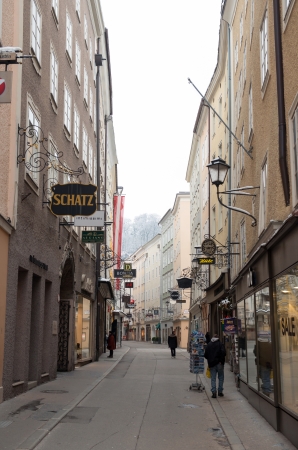 View of famous Getreidegasse street on January 13, 2013 in Salzburg, Austria. Itのeditorial素材