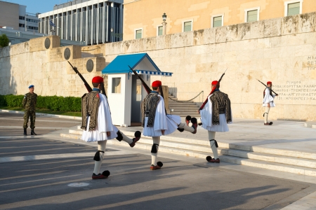 ATHENS, GREECE - May 5; Ceremony of changing Evzones (presidential guards) dressed in traditional...