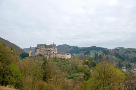 Medieval Castle Vianden, build on top of the mountain in cloudy weather. Luxembourgのeditorial素材