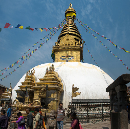 KATHMANDU, NEPAL - MAY 10, 2014: Swayambhu stupa in Swayambhunath religious complex aka Monkey...