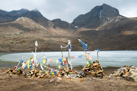 Ice Lake on a Annapurna Circuit - most popular turists trek in Himalayan mountain massive in Nepal.の写真素材