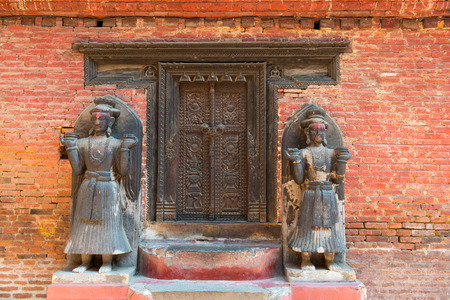 Elements of carved art on a Durbar square of Bhaktapur on May 09, 2014. Bhaktapur  is a 'cultural gem' in Nepal.の写真素材