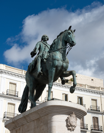 Statue of Charles III one of the famouse King of Spain  on Puerta del Sol square in Madrid, Spainのeditorial素材