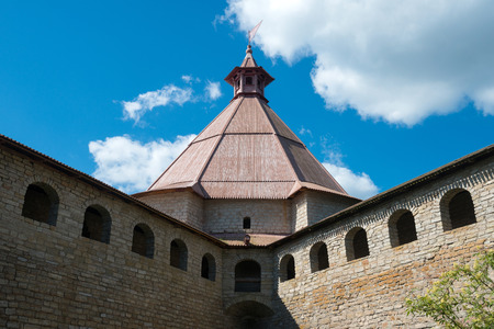 Tower of Fortress Shlisselburg, aka Oreshek (Nut) on island in St. Petersburg region, Russia.