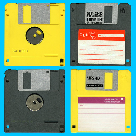 Front and back of floppy disks over a blue background