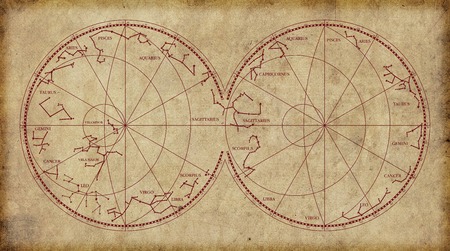 sky map depicting boreal and austral hemispheres with constellations and zodiac signs.