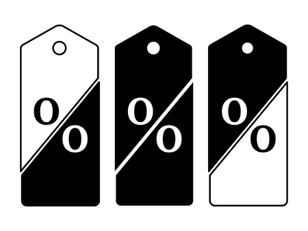 Set of black and white price tags dissected in twain forming percent sign Sale and Discounts Concept. Vector illustration.のイラスト素材