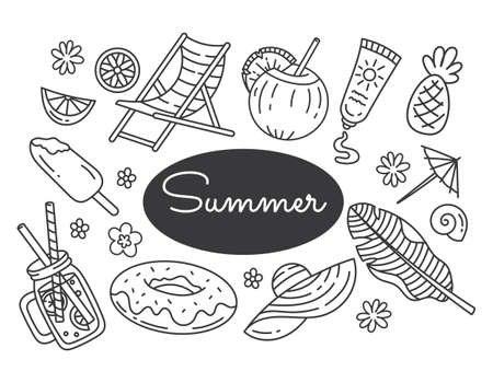 A set of summer doodle elements, a cartoon. Beach, vacation, summer time. The heat, the sea. isolated on a white background.のイラスト素材