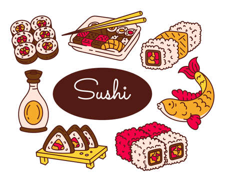 A set of illustrations of sushi, sashimi and maki. Japanese food. Doodle, cartoon. isolated on a white background.のイラスト素材