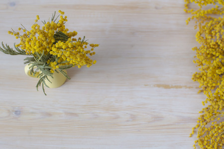 Mimosa on table in a small vase. Top viewの写真素材
