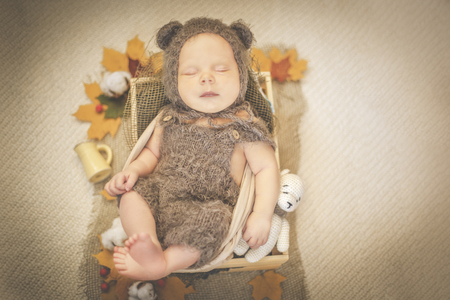 Newborn baby boy in a bear costumeの写真素材