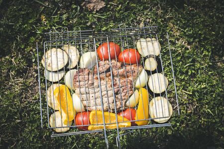 Hand holding grill rack with pork steak and fresh vegetables on green grass backgroundの写真素材