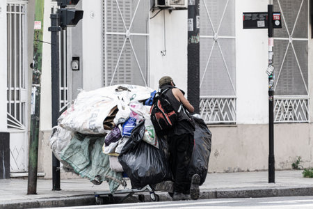 Low-income person pushing a cart full of cardboard to later sell them, bring money to his home so...