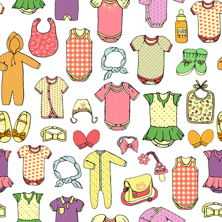 Vector seamless pattern of children's clothes. Bright kids' clothes repeat pattern isolated on white background. Baby girl's outfit setのイラスト素材