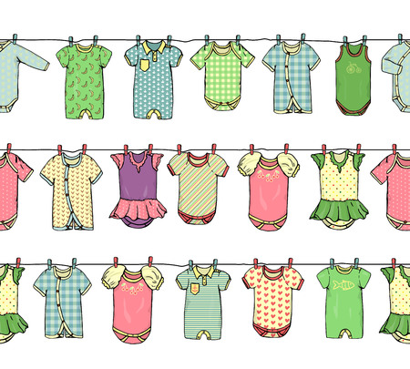 Vector seamless border pattern of baby clothes on washing line. Bright children clothes repeat pattern. Vector seamless horizontal background suitable for websitesのイラスト素材