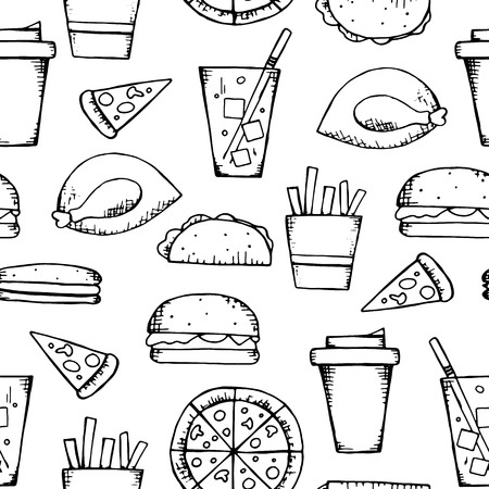 Hand-drawn fast-food seamless pattern. Illustration of lemonade, roasted chicken, fries, coffee, pizza, hamburger, hot-dog, burrito isolated on white background. Repeat background for restaurant menuのイラスト素材