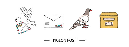 Vector illustration of pigeon carrying a letter with stamps, dove, post box. Hand drawn communication icon set. Pigeon post signs isolated on white background with textのイラスト素材