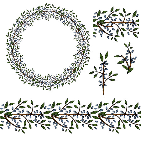 Vector wreath with honeysuckle berries. Seamless pattern brush with north berries. Frame, border  and design elements with brunches and green leavesのイラスト素材