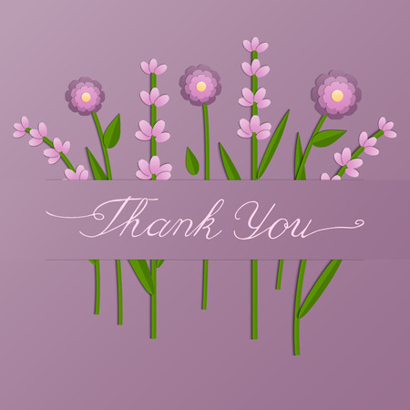 Vector illustration of paper cut pink flowers on purple background. Thank you card. Hand lettering for greeting card, stationery, posterのイラスト素材