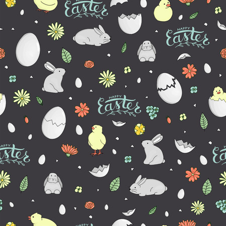 Vector seamless pattern with hatching chicks, eggs, eggshell pieces, herbs, plants, rabbits on black background. Cute cartoon style background. Hand drawn doodle backdrop for Easter. Children illustration.のイラスト素材